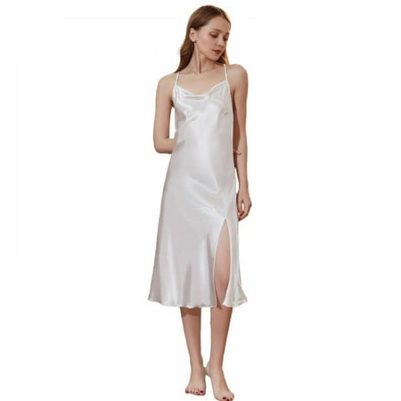 

Summer Sexy Big Backless Long Sling Ladies Solid Color Glossy Satin Single Neck Cross Shoulder Straps One-sided Split Nightdress
