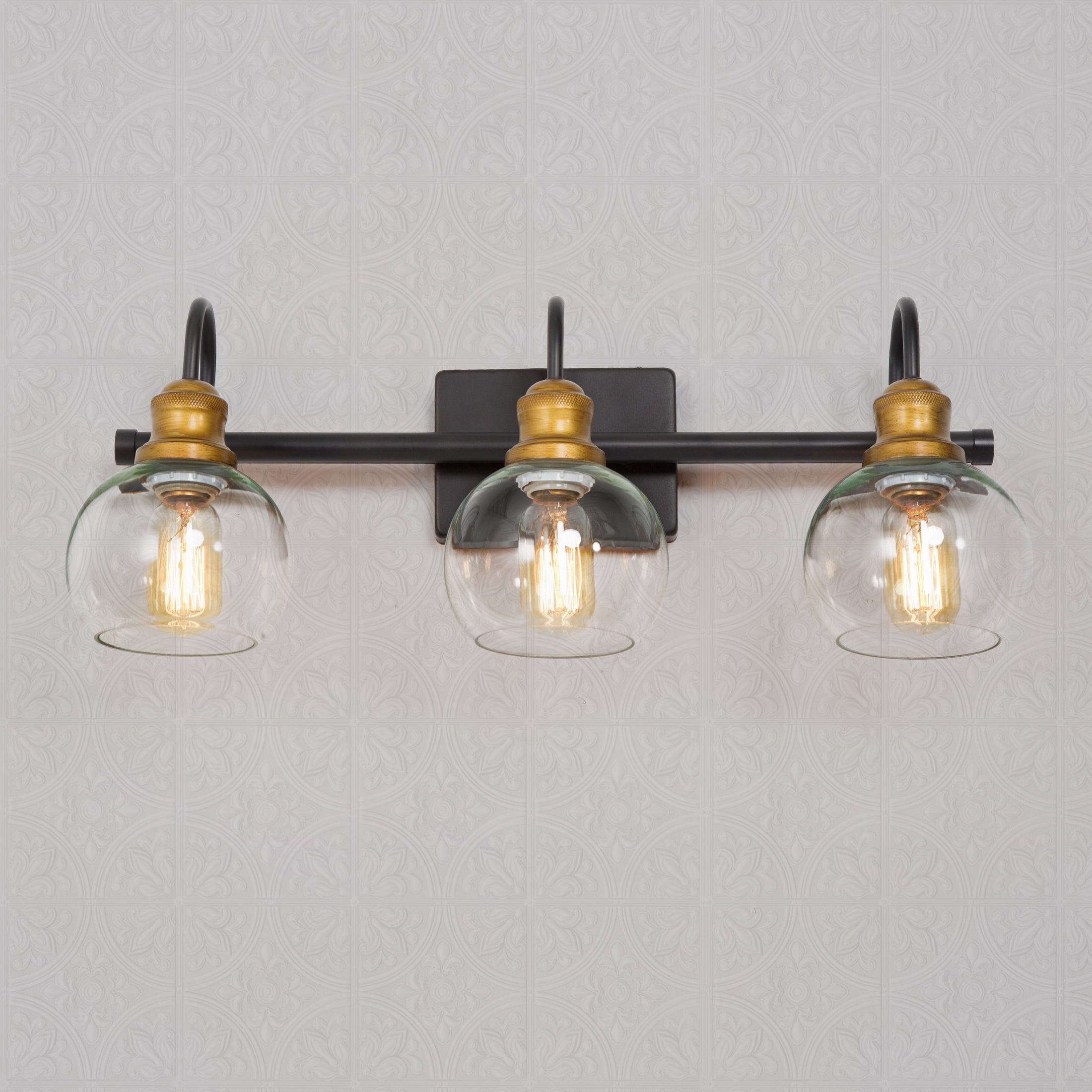 LNC 3-Light Black Round Clear Glass Modern Bathroom Vanity Lighting Fixutre