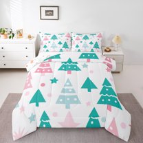Homewish Kawaii Xmas Tree 3 Pieces Queen Comforter Set For Children Teens Adults,Merry Christmas Ultra Soft Bedding Sets,Stars Print Polka Dots Bedding Comforter Set,Super Cozy Room Decor,Reversible