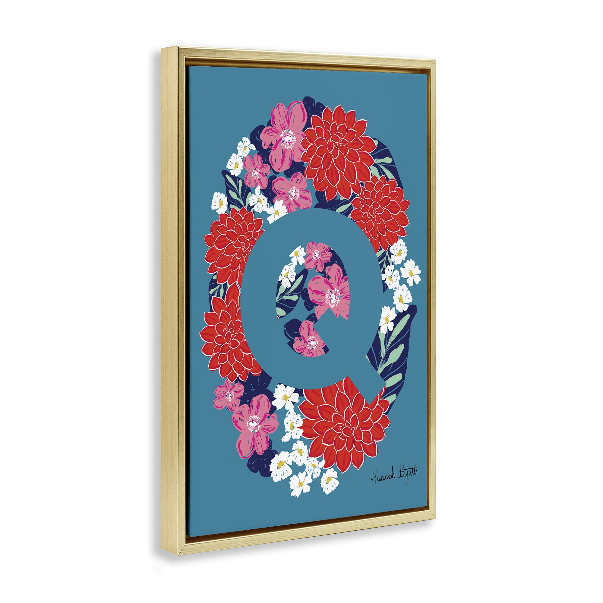 Stupell Industries Floral Bloom Letter Q Botanical & Floral Painting Gold Floater Framed Art Print Wall Art, 17 x 25