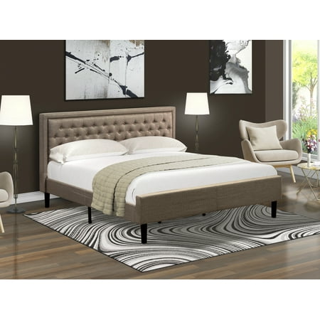 East West Furniture KDF-16-K Platform King Size Bed - Dark Khaki Linen Fabric Upholstered Bed Headboard with Button Tufted Trim Design - Black Legs