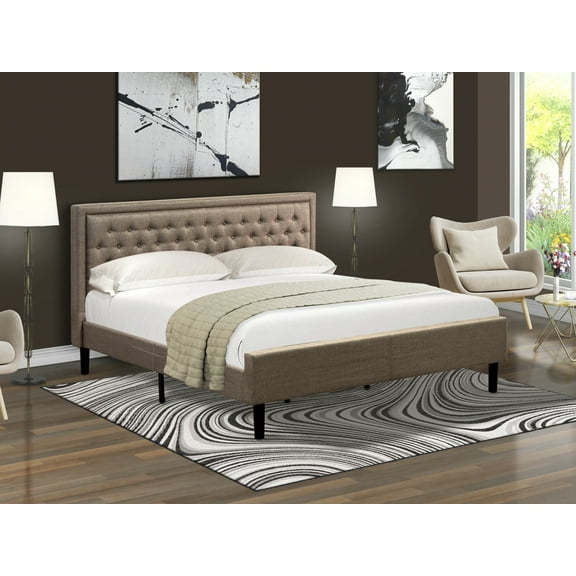 East West Furniture KDF-16-K Platform King Size Bed - Dark Khaki Linen Fabric Upholstered Bed Headboard with Button Tufted Trim Design - Black Legs