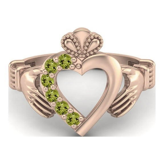 Irish Claddagh 2mm Round Peridot 925 Sterling Silver Rose Vermeil Heart Valentines Day Gifts Ring