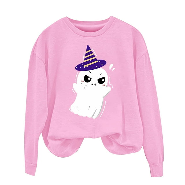 NMMUED Chandail d'Halloween pour Femmes, Chandail Surdimensionné pour Femmes, Chandail d'Halloween avec Fantôme, Tenues Y2k pour Femmes, Chandail à Col Rond d'Halloween, Chandails Mignons, Rose TG
