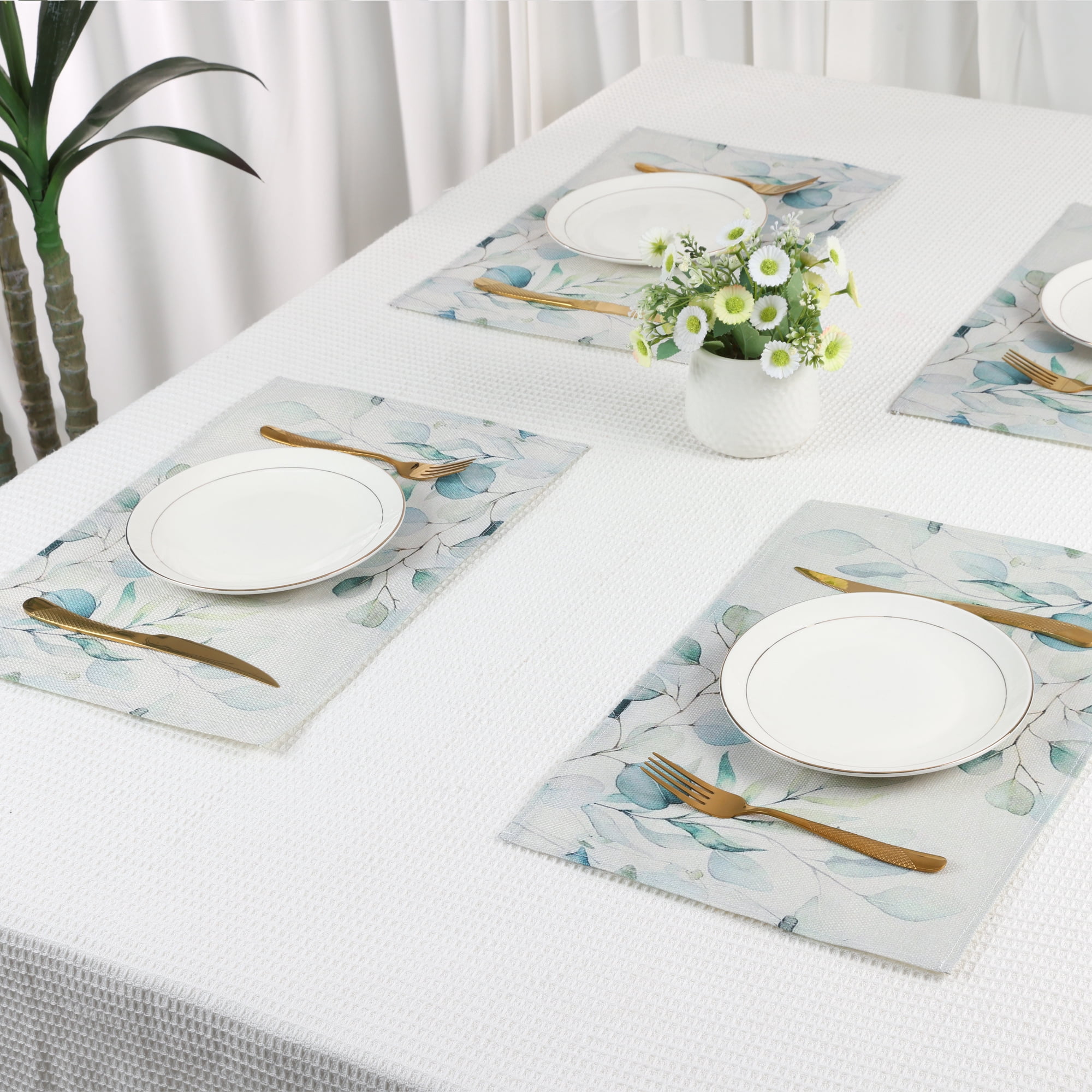 Unique Bargains Farmhouse Placemats Set of 6 Linen Placemats Light Green 18*12in