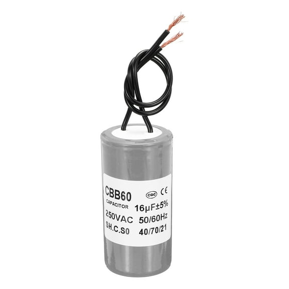 CBB60 16uf Running Capacitor,1Pcs AC 250V 2 Wires 50/60Hz Cylinder Grey 68x35mm for Water Pumps, Washing Machines Motor Start