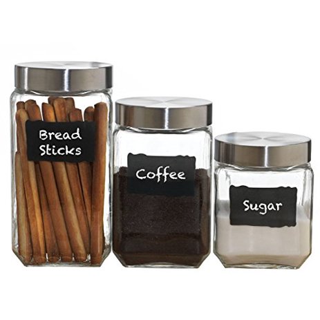 Palais Glassware High Quality Canister, Clear Glass with Chalkboard and Chalk, Air Tight Steel Lids for Bathroom or Kitchen, Set of 3