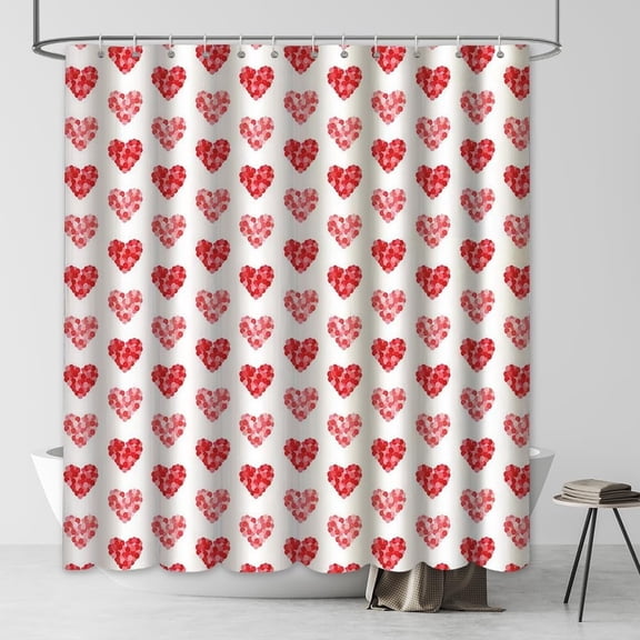 72x72in Red Sweetheart Shower Curtain Pattern with Red and Pink Sweetheart Shower Curtain Bathroom Decorations Valentine Waterproof Polyester Fabric with Hooks