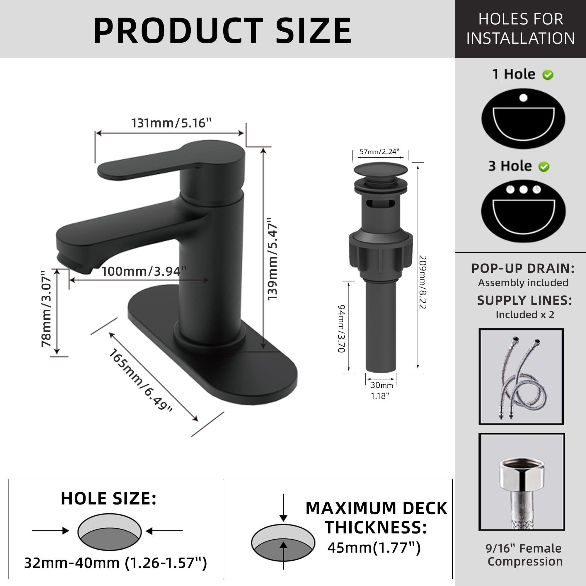 BELZ Bathroom Faucet, Single Handle Matte Black Sink Faucet for 1 or 3 Hole Installation, Modern Lead-Free Metal Vanity Faucet with Pop-Up Drain & Supply Hoses Matte Black