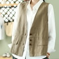 thumbnail image 4 of Womens Tops Sleeveless Pocket Cotton Linen Buttons Loose Jacket Khaki M, 4 of 4