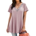 thumbnail image 3 of HUBERY Women Solid Color Lace Crochet Spliced V Neck Short Sleeve Top, 3 of 5