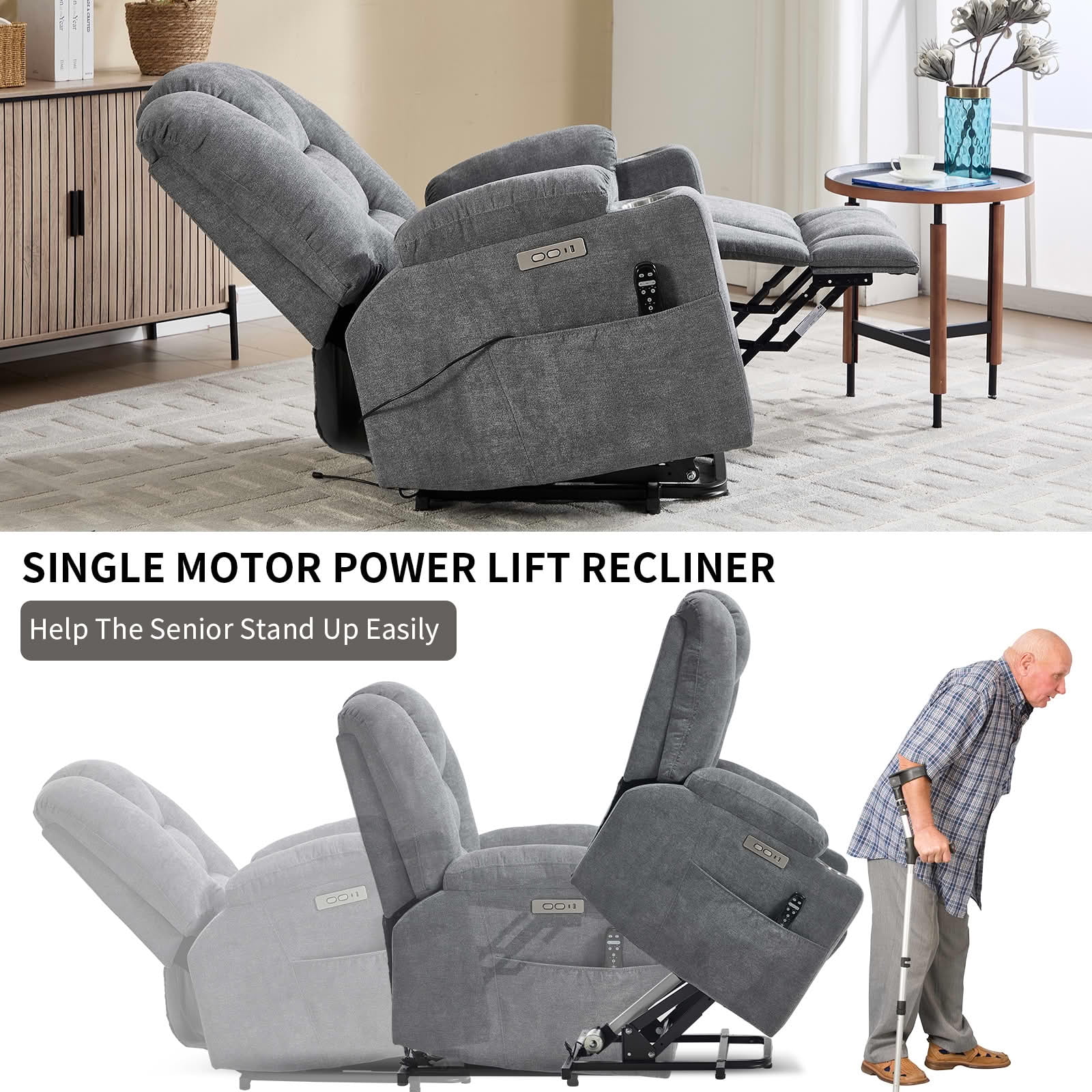 MAYEERTY Grey Chenille 350lbs Power Lift Recliner, Massage Heat USB-C 34"x39"x42" Wide Overstuffed for Elderly