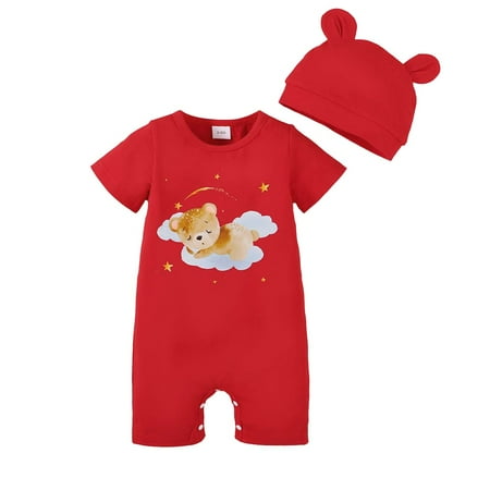 

KIMI BEAR Newborn Baby Boys Outfits 9 Months Newborn Boy Spring Summer Outfits 12 Months Newborn Boy Sleepy Bear Prints Short Sleeve Onesie Jumpsuit + Hat 2PCS Set Red