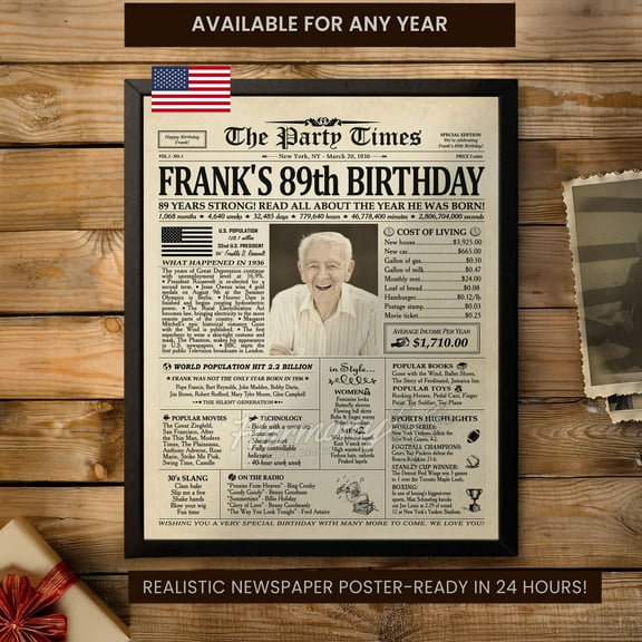 YaHaku 89th Birthday Party Decoration Poster, Personalized Gift With Photo For Women and Men, Back In 1936 Newspaper , Fun Facts