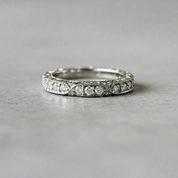 Bluebell Jewels Vintage-Inspired Milgrain CZ Eternity Band Ring for Women Silver Tone Antique-Style Wedding Anniversary Jewelry