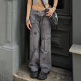 thumbnail image 3 of Gibobby Pantalones tipo cargo estampados de mujer Monos de mezclilla retro de tiro bajo para mujer, pantalones casuales con estampado de estrellas(Gris,CH), 3 of 4