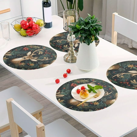 

Round Grid Placemat One Sizex4 Round Placemat PVC Plate Mat，15.4 Inch Non-Slip and Heat Resistant Table Placemat Dining Room Placemat Christmas Gray Deer