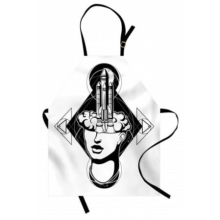 

Black and White Apron Science Monochrome Illustration with Rocket Flying from a Head of Woman Unisex Kitchen Bib Apron with Adjustable Neck for Cooking Baking Gardening Black White by Ambesonne