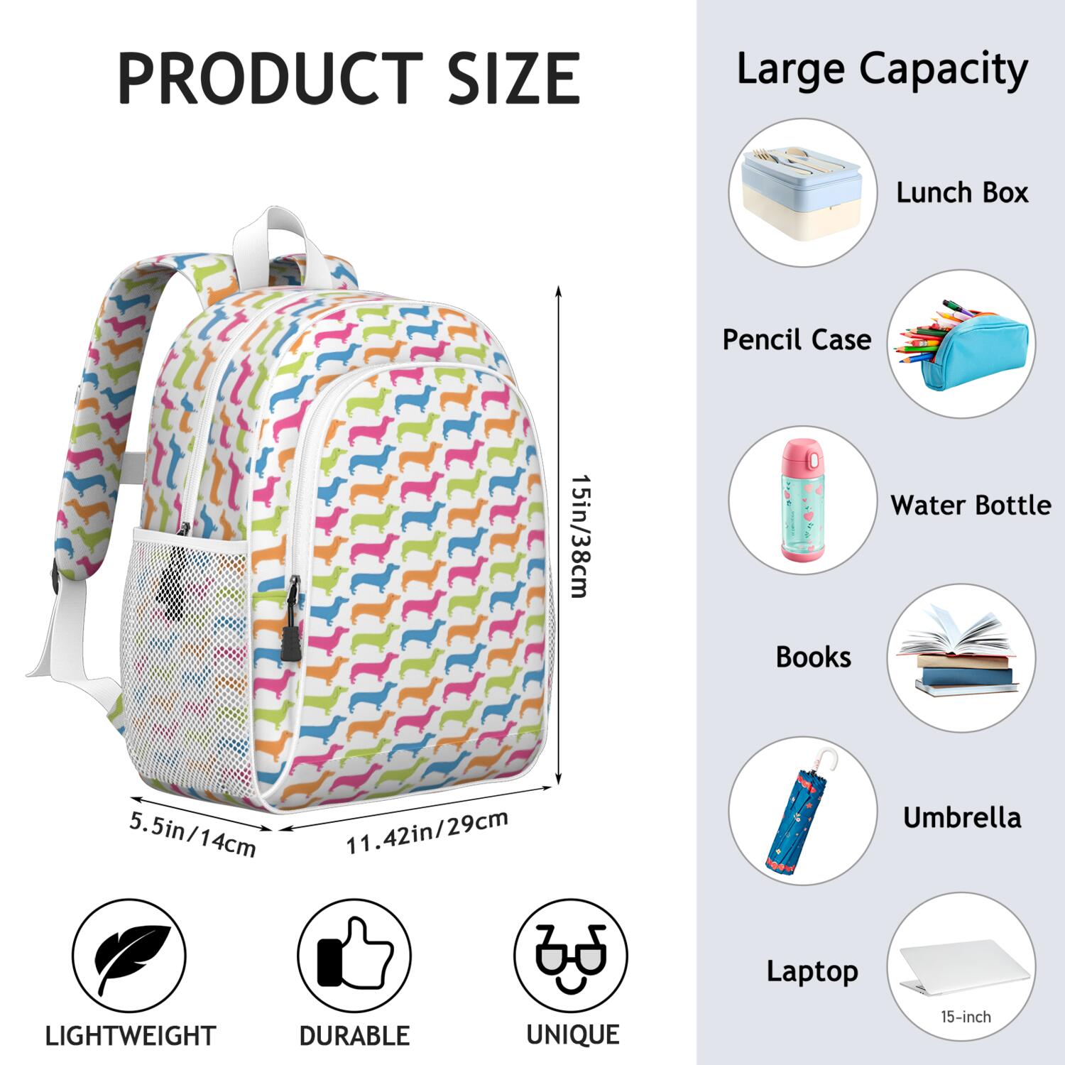 Colorful Funny Dachshund Backpack for School,Cute School Bag,Schoolbag with Adjustable Shoulder Straps & Padded Back,15"x11.42"x5.5"