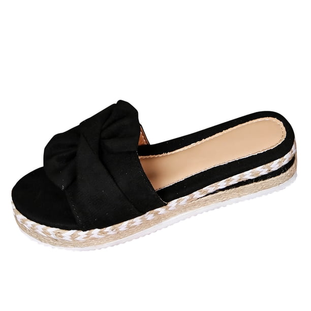 Sandalias de Cuña Negra para las Mujeres Pie Redondo Pescado Boca Bowknot Tejido Yute Espadrille Playa, Sandalias de Cuña Blanca para las Mujeres