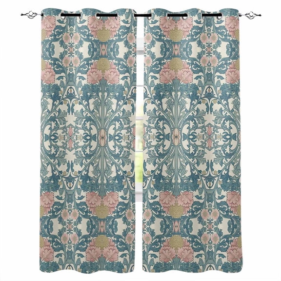 Teal Pink Blackout Curtains 54 Inches Long, Vintage Floral Watercolor Boho Ethnic Thermal Insulated Black Out Curtains, Darkening Window Curtain Drapes for Bedroom Living Room 45"x54" 2 Panels