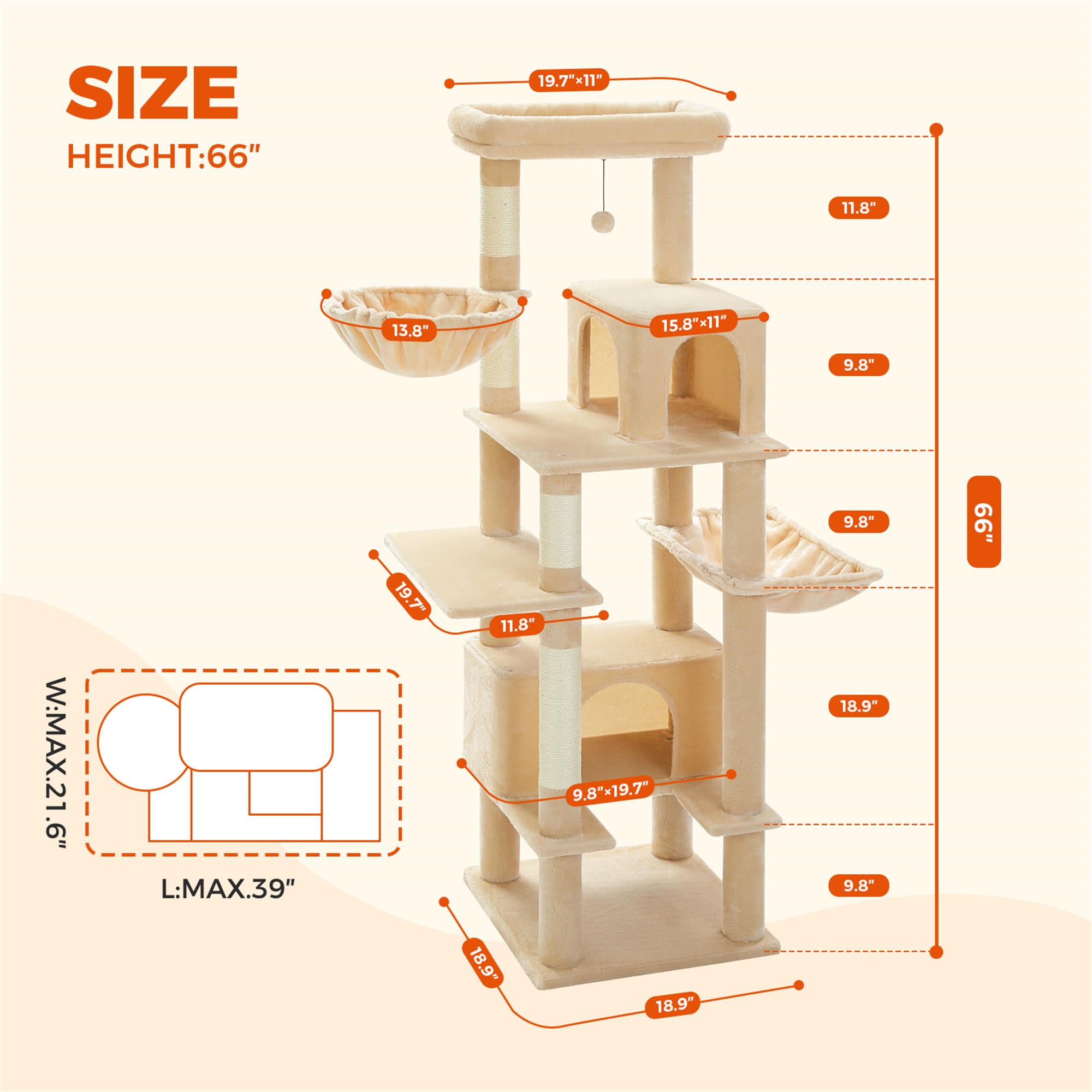 Kadyn 66" Cat Tree Tower for Big Cats, Cat Tree House Furniture with Hammock, Indoor Cat Condo for Adult Cats, Beige