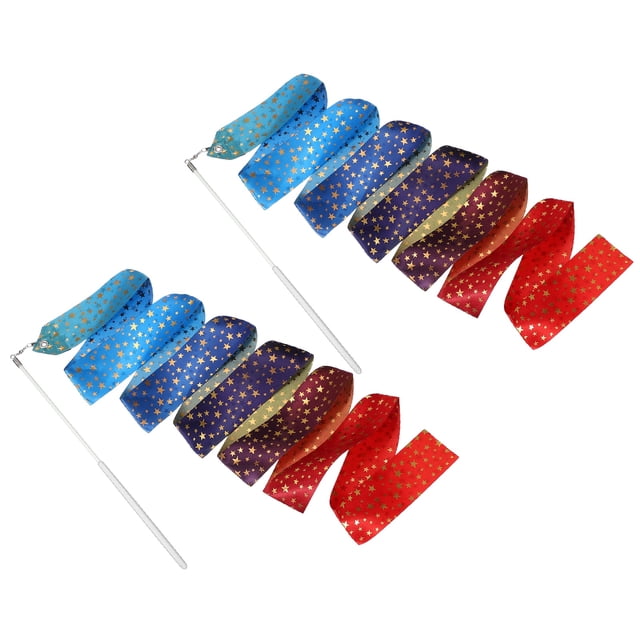 Uxcell 2 Pcs Dance Ribbons, 78.7 Inch Sparkly Star Gymnastics Ribbon Streamers with White Wand for Gymnastics Artistic, Gradient