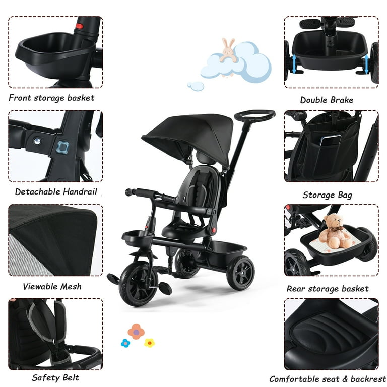 AILEEKISS Kids Tricycle 6 IN 1 Baby Trike with Removable Canpoy