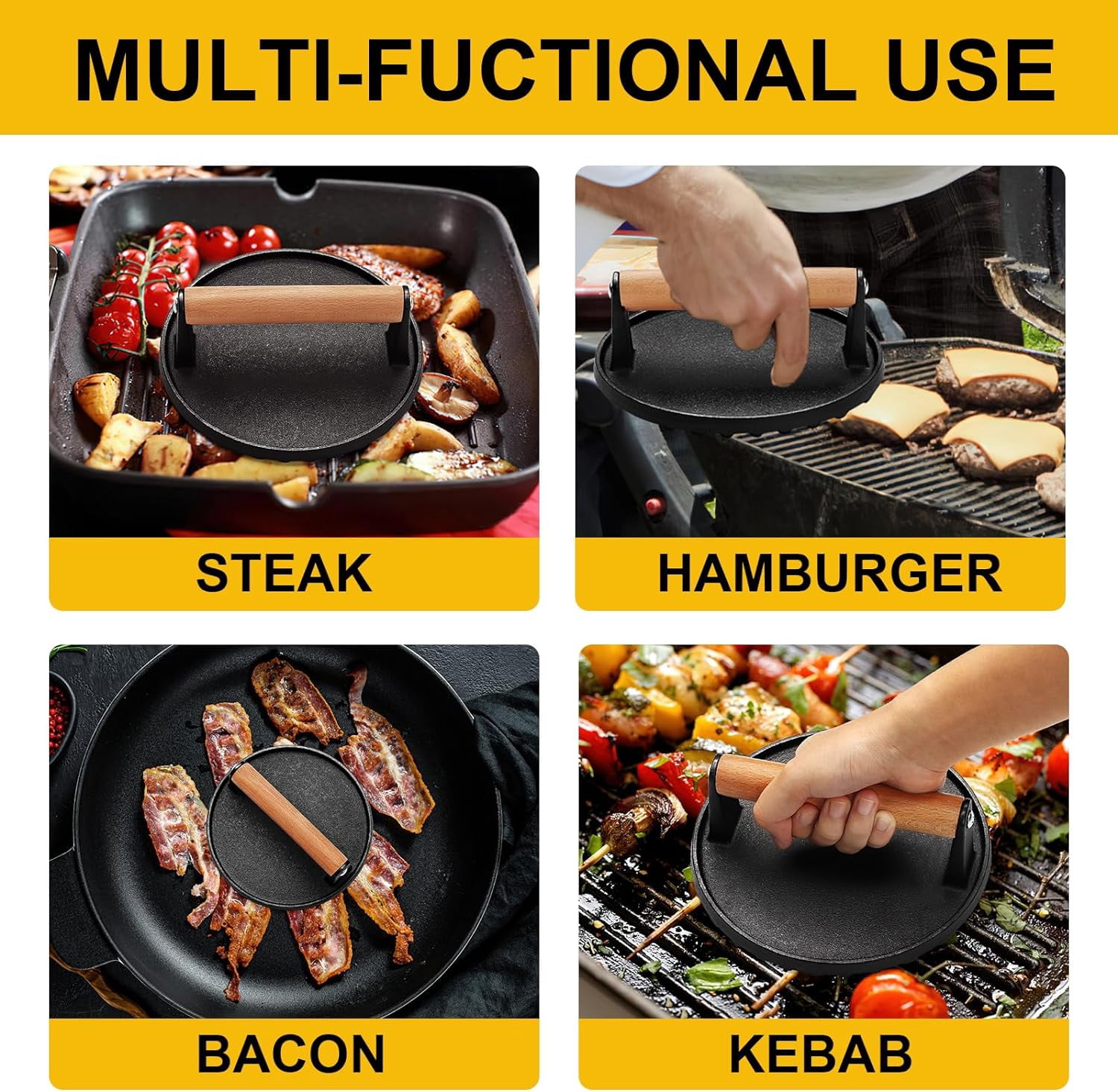 Burger Press, Smash Burger Press for Blackstone Griddle, Heavy Duty Cast Iron Round 6.9In Bacon Grill Press with Wood Handle, Meat Steak Weight for Sandwich, Paninis (Round)