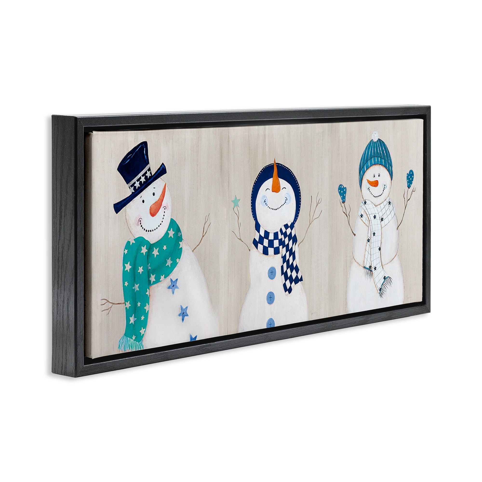 Stupell Industries Happy Snowman Trio Holiday Painting Black Floater Framed Canvas Art Prints Wall Art, 31 x 14