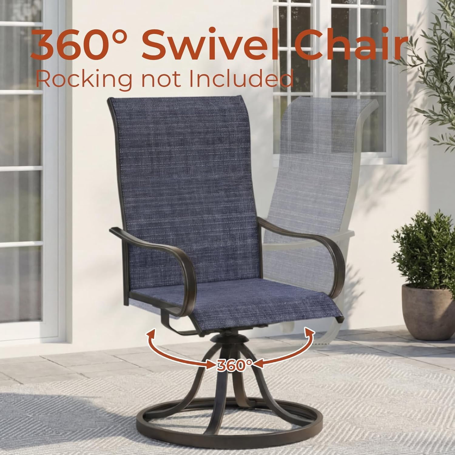 Pirecart Patio Swivel Chairs Set of 4, 360° Outdoor Dining Chairs with Steel Frame & Textilene Fabric, High Back Patio Dining Chairs with Ergonomic Armrest for Lawn, Garden, Deck, Dark Blue