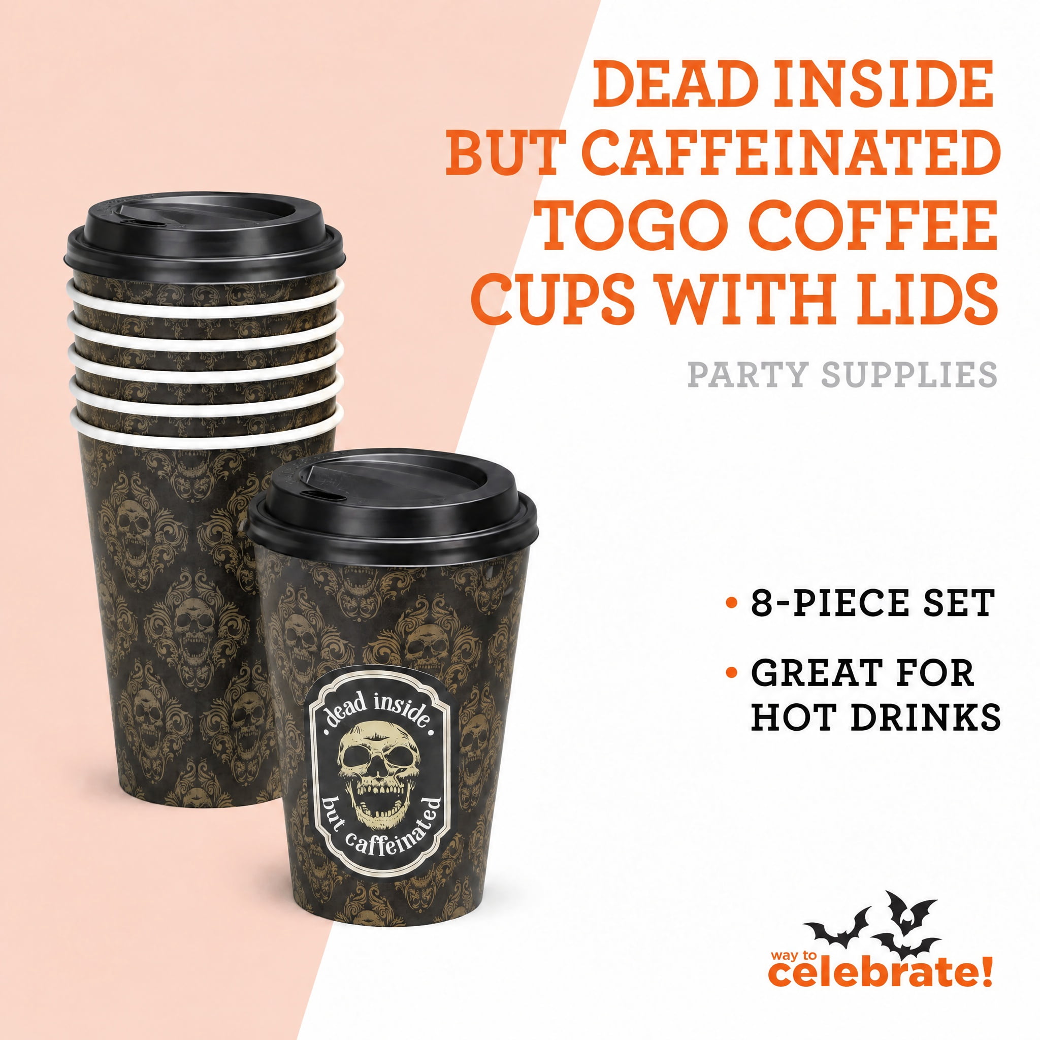 Dead Inside but Caffeinated To-Go Coffee Cups with Lids, Multicolor, 17 fl oz, 8 Count, Halloween by Way To Celebrate