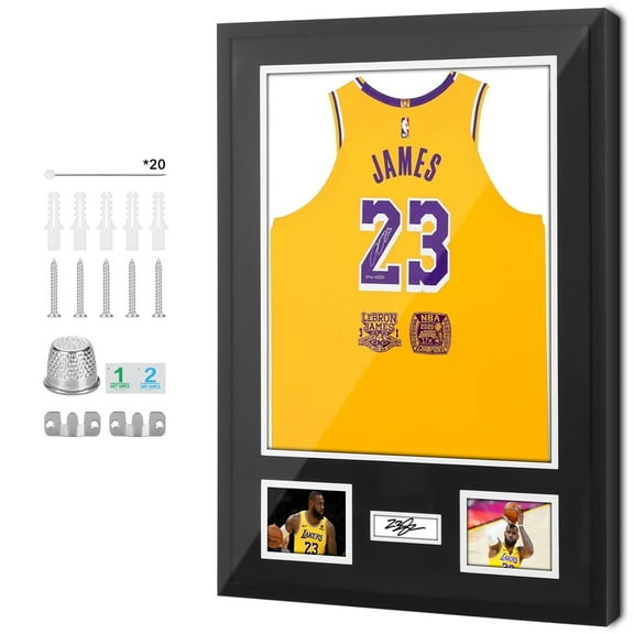 Wood Jersey Display Case with UV Protection Plexiglass, Mat & Pinboard for Football, Baseball, Basketball Shirts, Photos & Signatures (1 Pack)