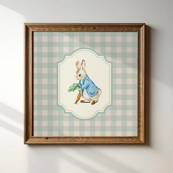Peter Rabbit, Square Blue Gingham Illustration Print, Art Print, Trendy Decor, Vintage Nursery Wall Art, Modern Wall Decor, 16x16 UNFRAMED