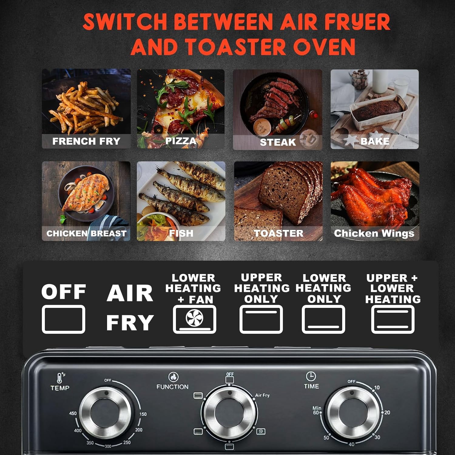 Multifunctional 10QT Air Fryer Toaster Oven Combo with Visible Window, 5-in-1 Countertop Appliance for 6 Slices, Ideal for Small Kitchens