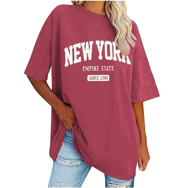 LOVZFMLL Hauts d'Été pour Femmes T-Shirt Imprimé Lettre Décontracté avec Col Rond et Épaules Tombantes Manches Courtes