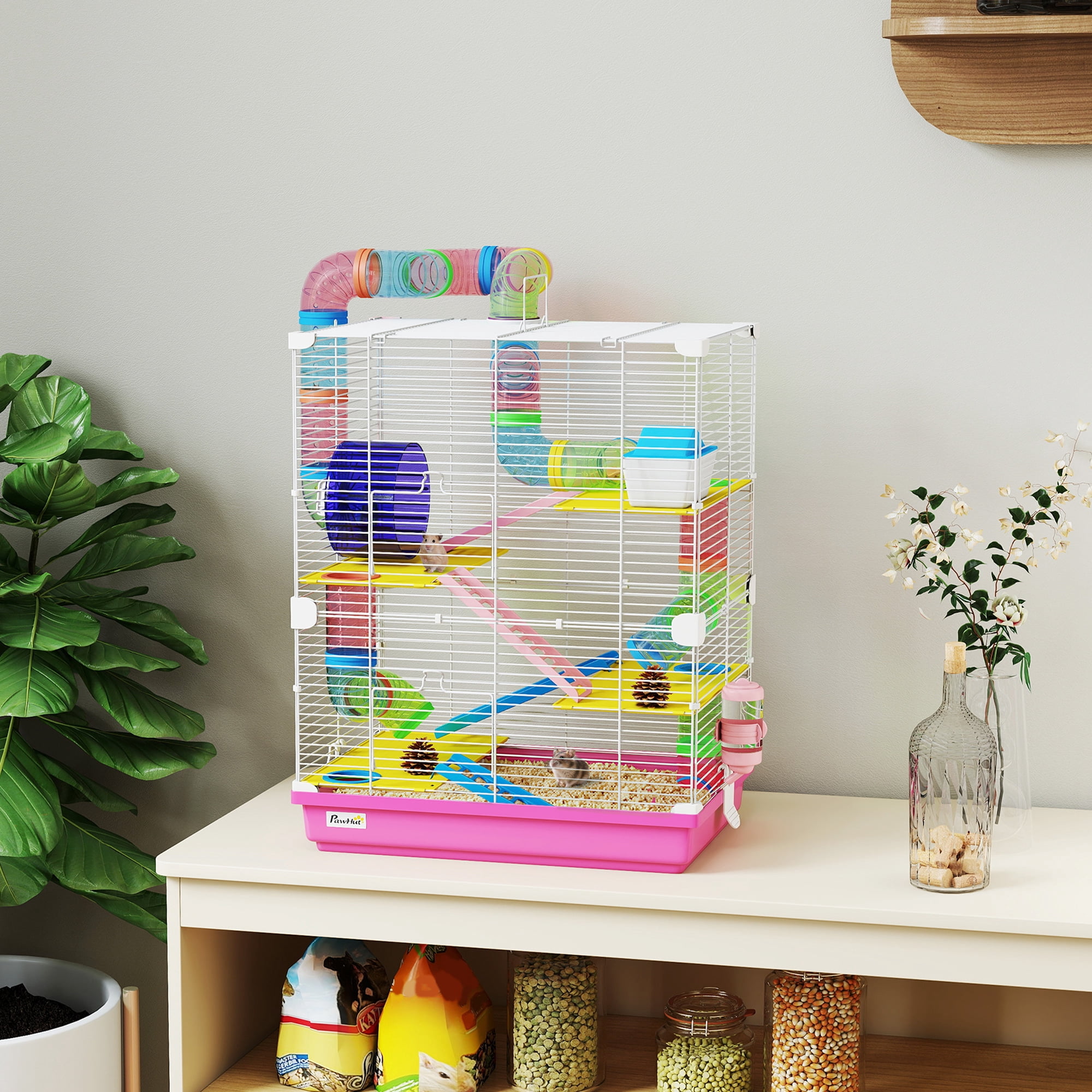 PawHut 5-Tier Hamster Cage Rodent Gerbil Habitat Metal Wire with Water Bottle, Food Dishes, Interior Ladder, Tube, Pink