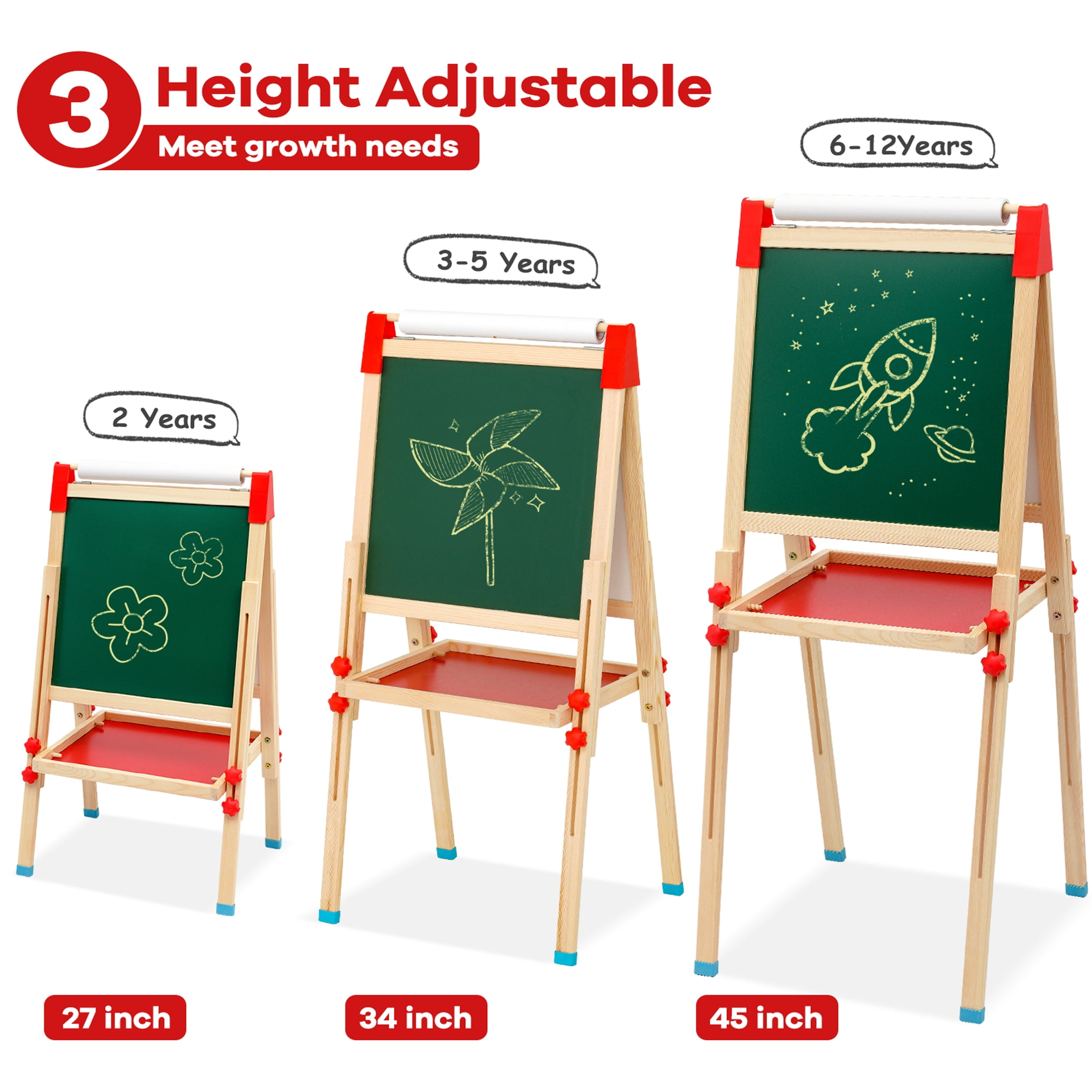 Ealing Kids Easel with Paper Roll,Double-Sided Adjustable Wooden Standing Easel for Toddler Ages 3+Boys, Girls