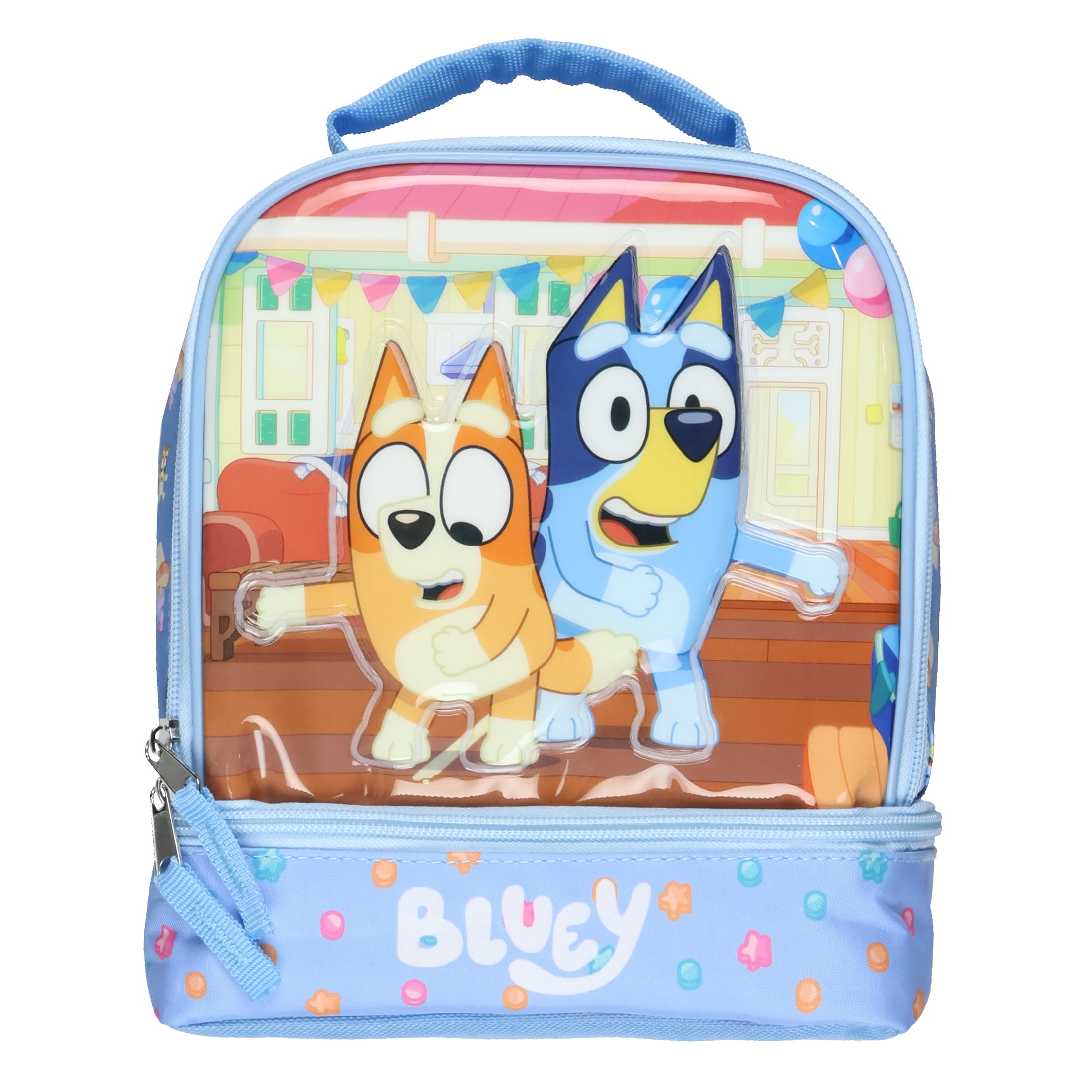 Bluey Lunch Box Bluey and Bingo Party Time Dual Compartment Insulated Lunch Bag Tote 10"
