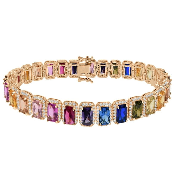 14K Rose Gold Over Rainbow Multi Tone 6.00 Cwt. Simulated Diamonds Solitaire Men's Ladies Bracelet 10mm / 8.5 Inch