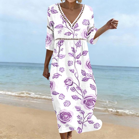 QUNYINEY Floral Dresses for Women Plus Size Midi Beach Casual 3/4 Sleeve A Line Dress Loose Fit Vacation V Neck Dresses