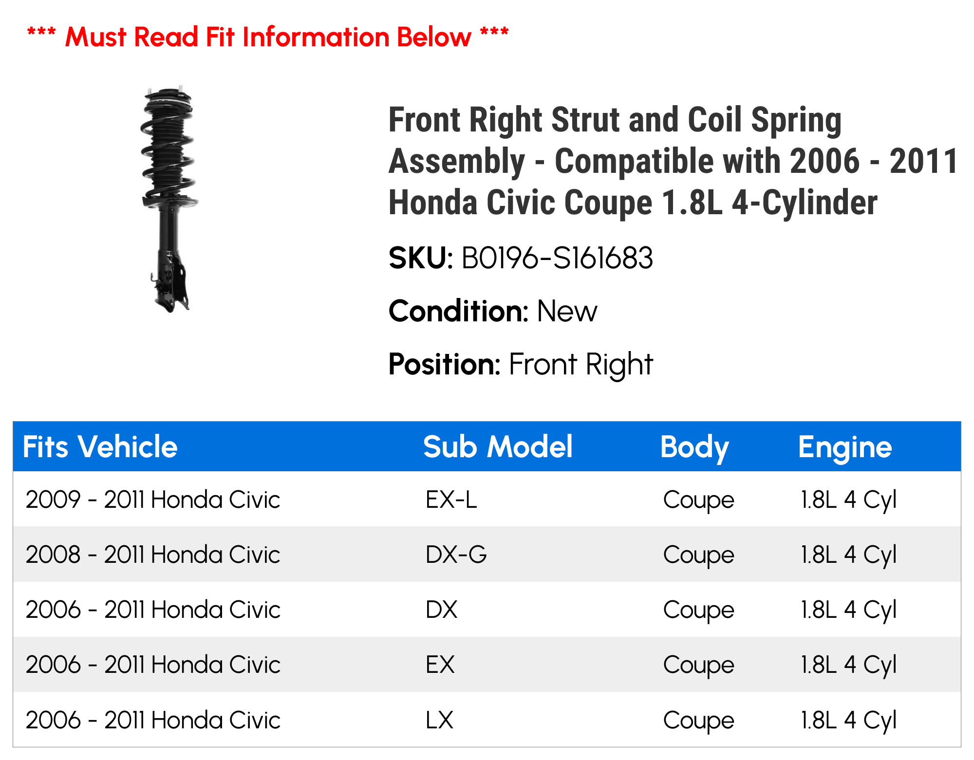 Detroit Axle Front Right Strut With Coil Spring Assembly For 2006-2011 Honda Civic (DX, EX-L, LX, 1.8L) | 10-Year Warranty