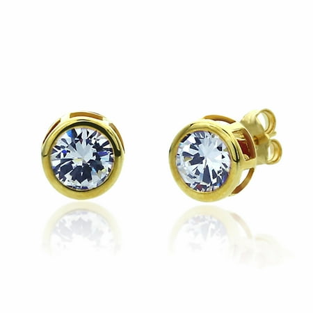 Nadri Bezel Earrings - 14K Solid Yellow Gold Round CZ Bezel Set Butterfly Back Stud Earrings