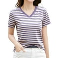 thumbnail image 1 of Haut Rétro Rayé pour Femmes Style Coréen Col Rond Manches Courtes Design Contraste de Couleurs, 1 of 4