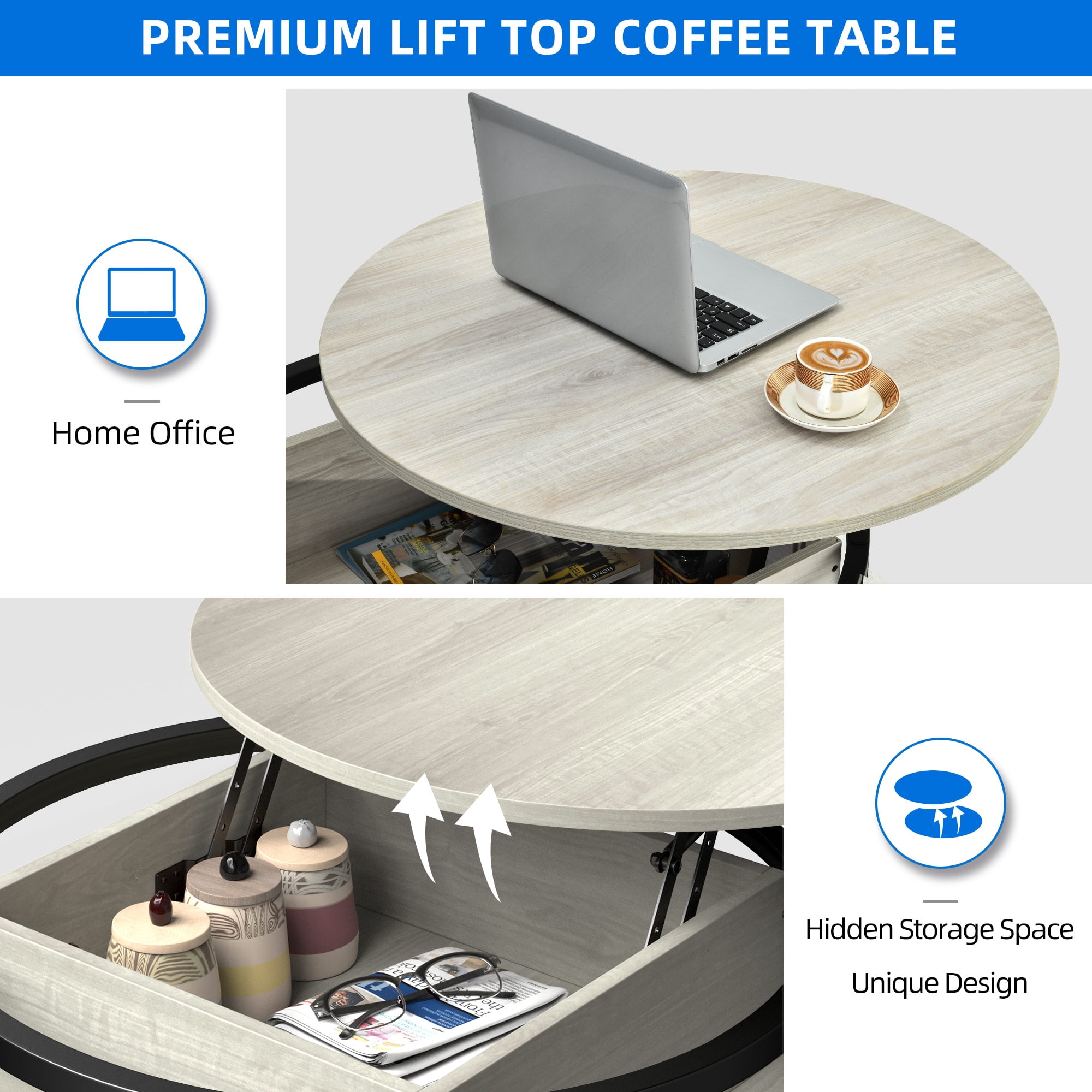 Dextrus Modern Lift Top Round Particle Board Coffee Table, White Oak