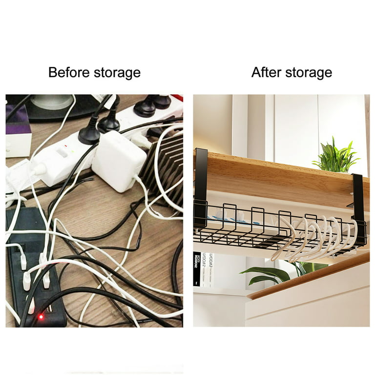 Tyrkuiy No Drill Under Desk Cable Management Tray, Desk Wire Management  Cable Tray Sturdy Metal Wire