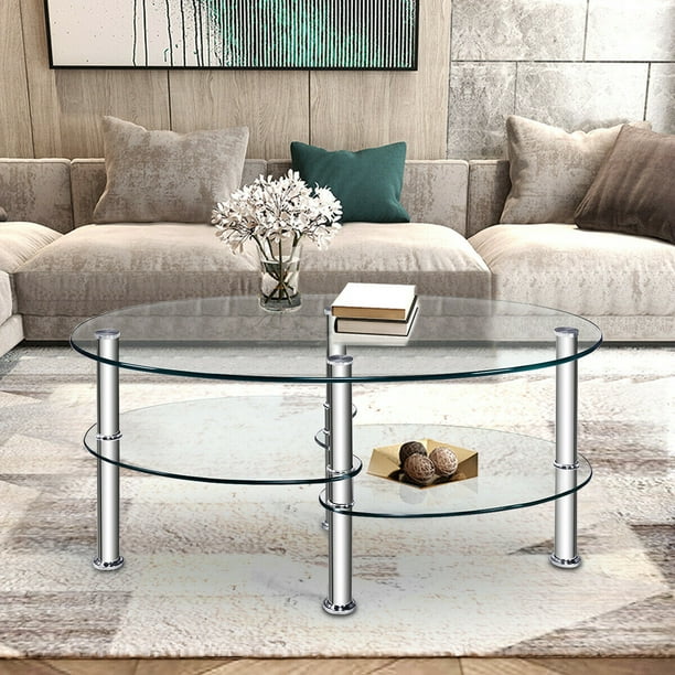 Costway Tempered Glass Oval Side Coffee, Living Room Glass Table