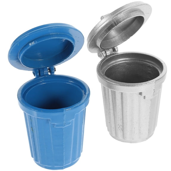 2 Pcs Dolls Dollhouse 1:12 Miniature Trash Can Blue Silver Accessories Ornament