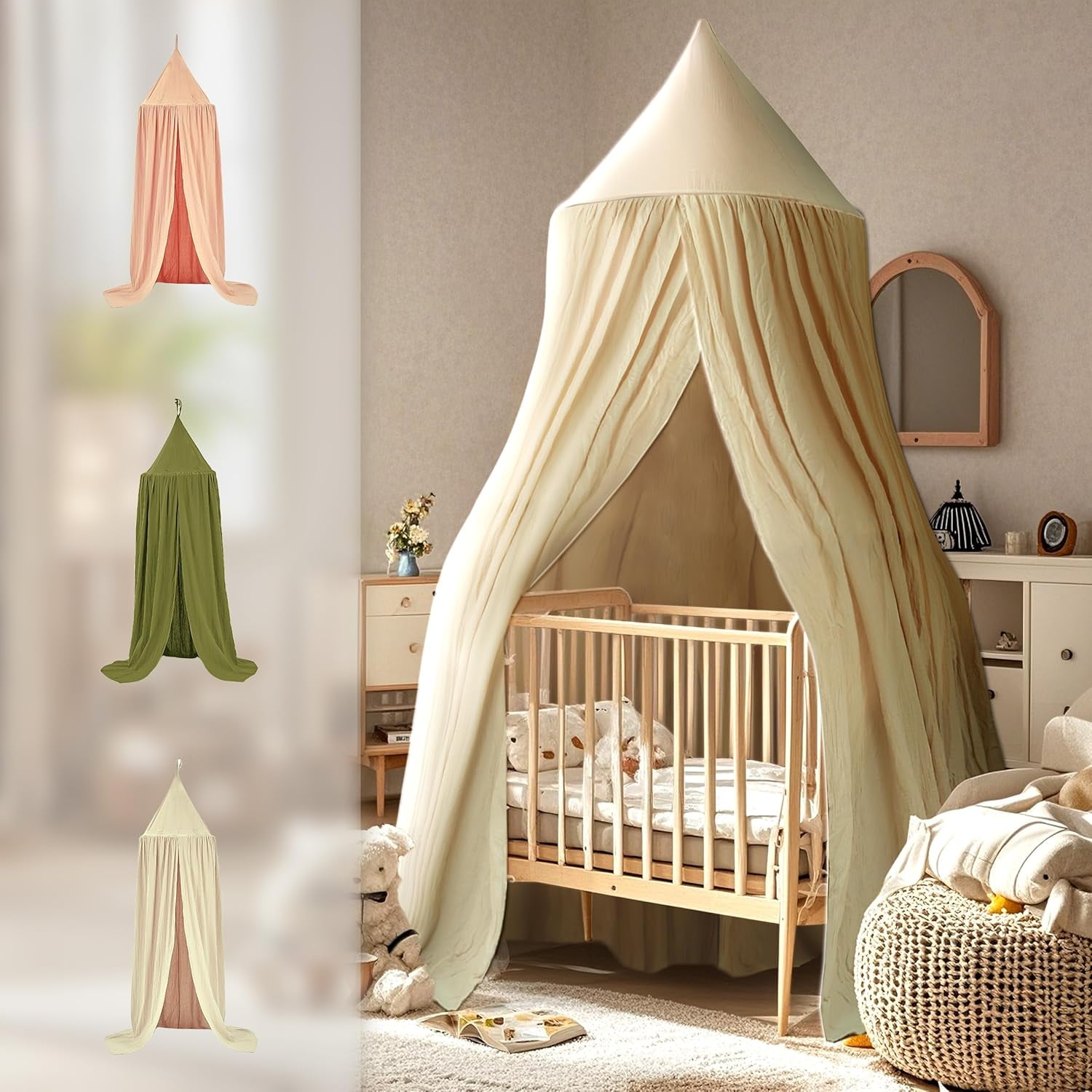 CAILDANL Cotton Kids Bed Canopy, Nursery Room Baby Crib Hanging Curtain Mosquito Net Hideaway Bedding Children Reading Nook Decoration, Pastel Neutral Color for Boys & Girls (Pink)
