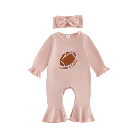 RUINIXCW Newborn Baby Girl Football Outfit Infant Baby Girl Pink Romper Spring Fall Winter Clothes Embroidery Rugby Bow Long Sleeve Jumpsuit Headband